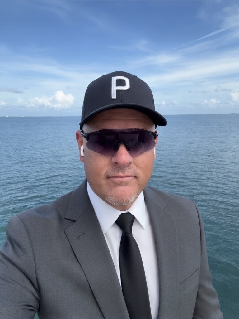 Portrait of Travis Penny in a gray suit and black P cap on the water